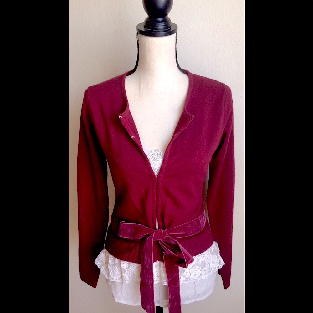 Burgundy Red Cardigan Sweater: Velvet Waist Tie, Cream Lace Fringe Accent, Sz. S